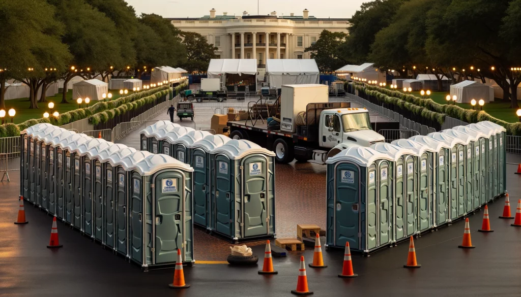 Festival porta potty bank with barricades in Green, Ohio